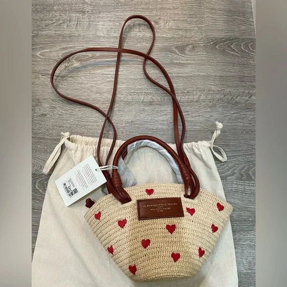 Sézane Justine Mini Basket Bag in Raffia Heart Embroidery NWT - Picture 5 of 11
